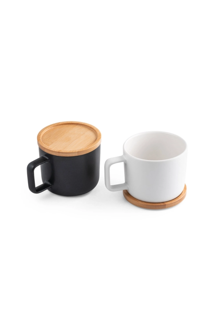FANGIO. Tasse en céramique 230 mL avec couvercle et base en bambou