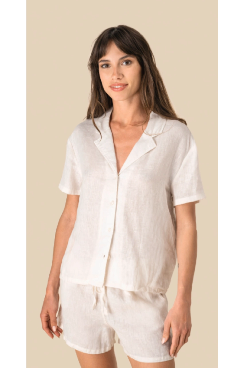 Chemise manches courtes en lin à col bowling femme