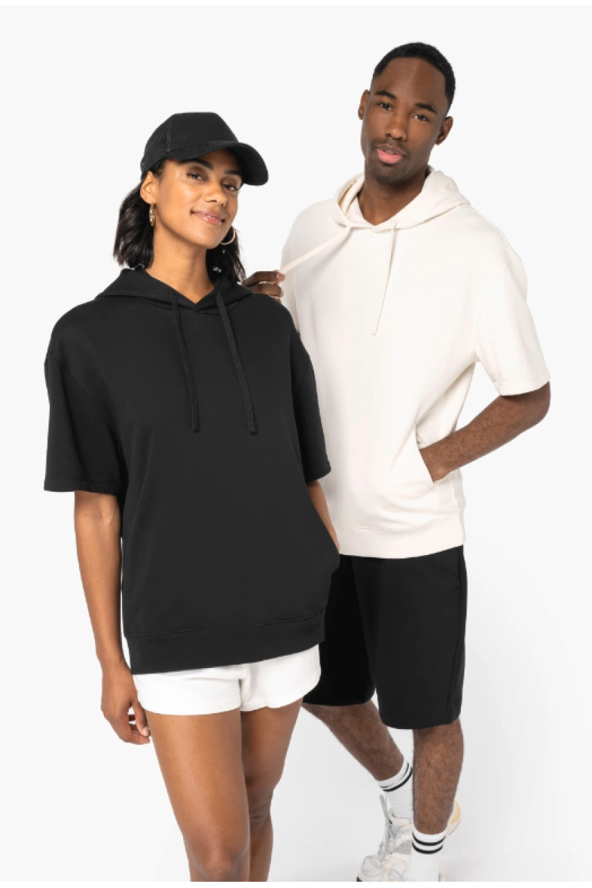 Sweat-shirt écoresponsable à capuche à épaules tombantes manches courtes French Terry unisexe